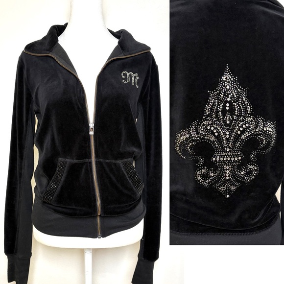 Miss Me Jackets & Blazers - MISS ME Y2K Velvet Velour Track Suit Zip Jacket Rhinestones Bling Flwur-de-Lis S